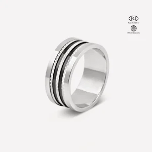Anillo Ancoral en Plata 925, baño de rodio, banda ancha con cinco franjas bicolor