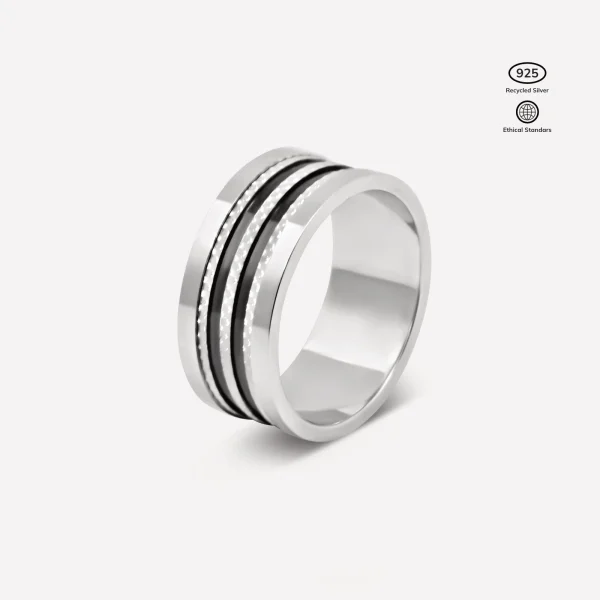 Anillo Ancoral en Plata 925, baño de rodio, banda ancha con cinco franjas bicolor
