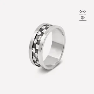 Anillo Dualma de Plata 925 con baño de rodio, pequeños cuadrados perfectos bicolor pulidos, labrados y satinado.