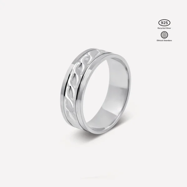 Anillo Folium en Plata 925 posición vertical con baño de rodio, inspirada en las hojas botánicas orgánicas de Mallorca