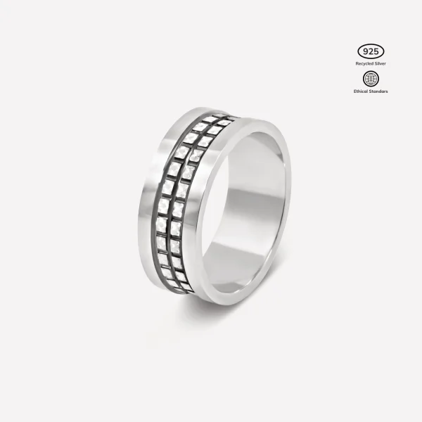 Anillo Silex de Plata 925 de ley con baño de rodio, doble fila de cuadrados perfectos con destellos texturizados